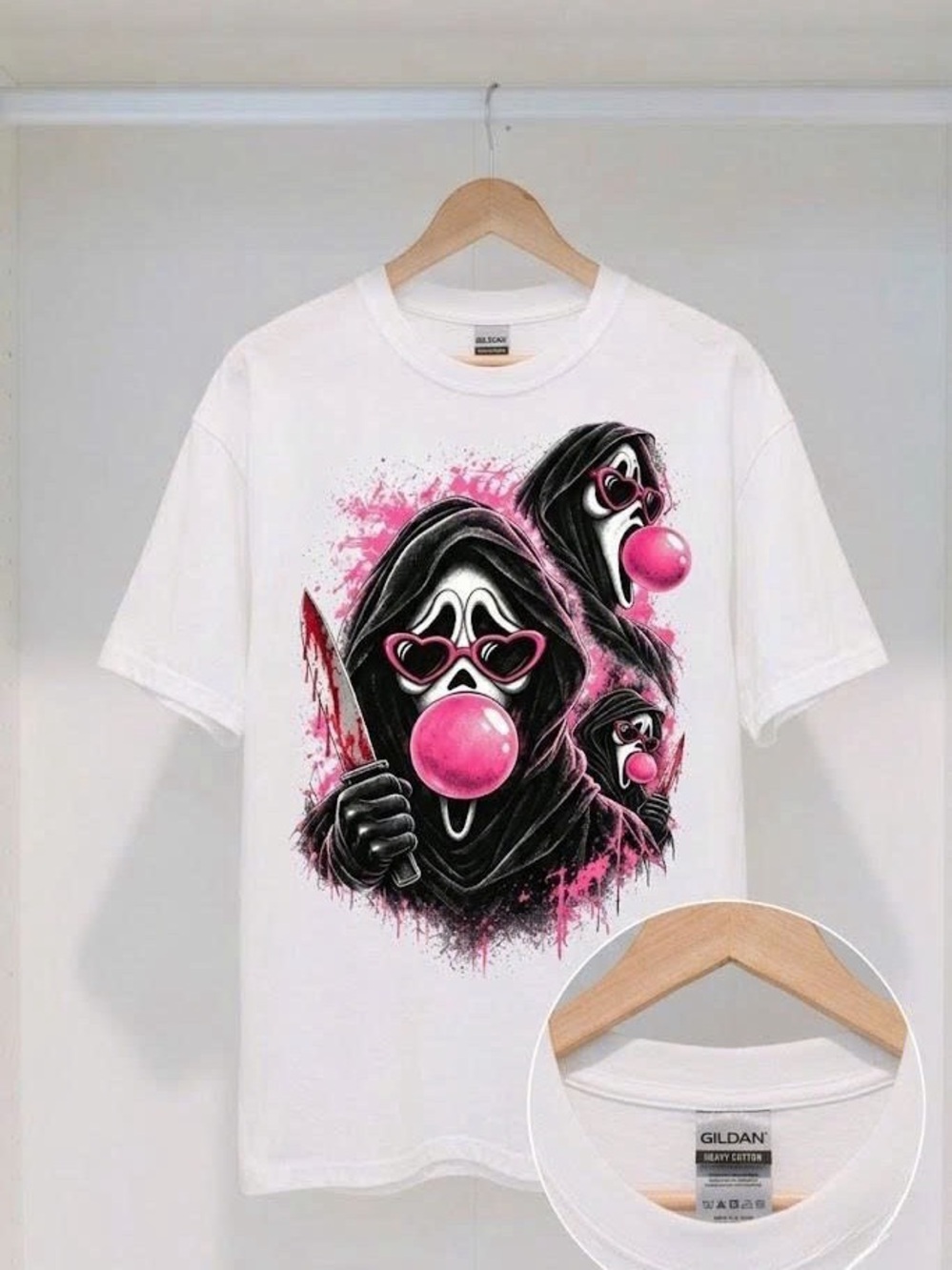 Spooky Ghostface Pink Bubblegum Graphic T-Shirt Heart Glasses Slasher Tee White